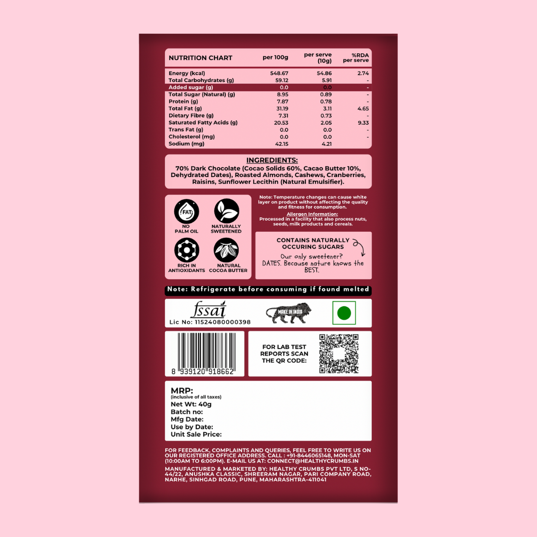 Zero Added Sugar 70% Dark Chocolate 40g [Fruit n Nut-Pack of 2]