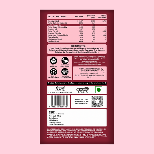 Zero Added Sugar 70% Dark Chocolate 40g [Fruit n Nut-Pack of 2]